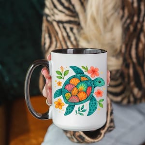 Sea Turtle Vibrant Mug Gift for Mom Nature Lover Women Coffee Cup Cute Anniversary Present Flower Animal Colorful Kitchen Housewarming