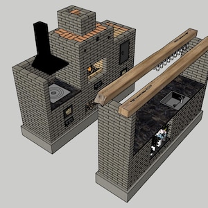 May include: A brick outdoor kitchen and grill design. The structure includes a cooking area with a chimney, a grill, and a sink area with a countertop. The design features a combination of brick and wood elements.