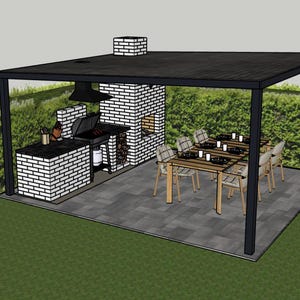 May include: A 3D rendering of an outdoor kitchen and dining area. The kitchen features a brick grill and countertop, with a black hood. A dining table with six chairs is under a black pergola.