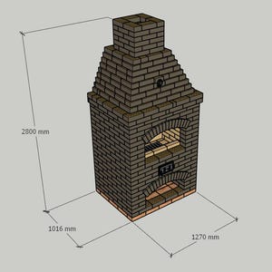 May include: A brick outdoor fireplace with a chimney, two arched openings, and dimensions of 40 inches wide, 50 inches long, and 110 inches high. The structure is made of brown bricks and is designed for outdoor cooking and entertaining.