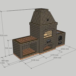 May include: A brick outdoor kitchen design, featuring a cooking area, oven, and chimney. The structure is 3504 mm long, 1016 mm wide, and 2520 mm high. The oven opening is arched. The design includes dimensions in millimeters.