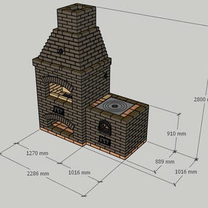 May include: A brick outdoor kitchen design with a chimney, oven, and cooktop. The structure is brown with dimensions labeled in millimeters: 2800 mm high, 2286 mm wide, and 1016 mm deep. Includes an oven and cooktop.