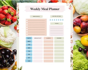 Op de afbeelding: Een wekelijkse maaltijdplanner met secties voor boodschappen, waterinname en taken. De planner bevat een tabel om maaltijden voor elke dag van de week in te plannen, met ruimtes voor ontbijt, lunch en diner. Verse groenten en fruit omringen de planner.
