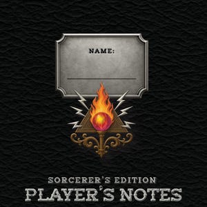 Peut inclure: Une couverture de cahier noire avec le texte "Taverns of Taylor Presents" en haut. Le cahier présente une plaque signalétique grise, un motif de flamme et d'éclair, et le texte "Sorcerer's Edition Player's Notes".