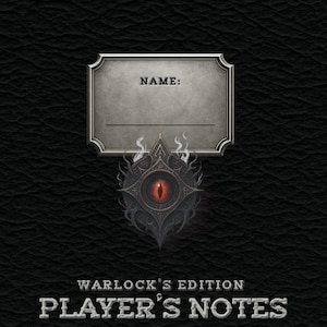 Peut inclure: Un cahier noir avec le texte "Taverns of Taylor Presents" en haut. Le cahier présente une étiquette grise avec "NAME:" et une ligne pour écrire. En dessous, une illustration détaillée d'un œil. Le texte "Warlock's Edition Player's Notes" est en bas.