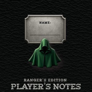 Peut inclure: Une couverture de cahier noire texturée avec le texte "Taverns of Taylor Presents". Comprend une cape à capuche verte sous une plaque signalétique. Les mots "Ranger's Edition Player's Notes" sont affichés en dessous, avec un emblème circulaire en bas.