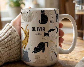 Taza para amantes de los gatos, taza de café personalizada para mamás de gatos, taza personalizada para amantes de los gatos, linda taza de regalo para mujeres y mamás de mascotas.