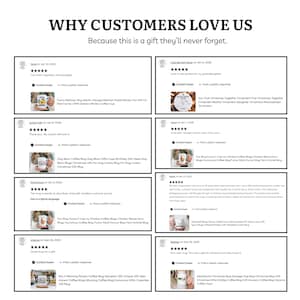 Op de afbeelding: Afbeelding met klantbeoordelingen, met de tekst "WHY CUSTOMERS LOVE US" en "Because this is a gift they'll never forget." De beoordelingen bevatten productafbeeldingen en feedback van klanten, die positieve ervaringen benadrukken.