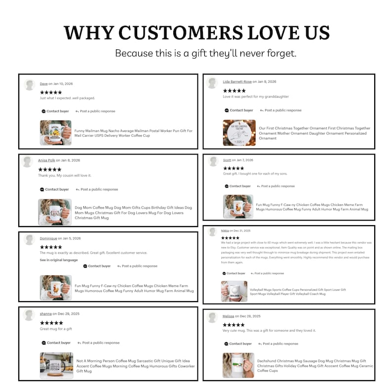 Op de afbeelding: Afbeelding met klantbeoordelingen, met de tekst "WHY CUSTOMERS LOVE US" en "Because this is a gift they'll never forget." De beoordelingen bevatten productafbeeldingen en feedback van klanten, die positieve ervaringen benadrukken.