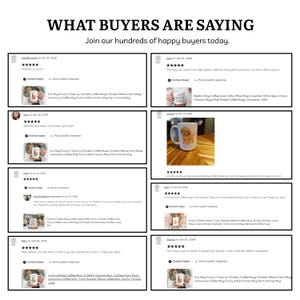 Op de afbeelding: Afbeelding met klantbeoordelingen op een witte achtergrond. De tekst "WHAT BUYERS ARE SAYING" staat bovenaan, gevolgd door klantcommentaren en afbeeldingen van mokken. De zin "Join our hundreds of happy buyers today" is ook zichtbaar.