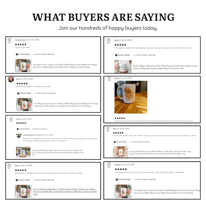 Op de afbeelding: Afbeelding met klantbeoordelingen op een witte achtergrond. De tekst "WHAT BUYERS ARE SAYING" staat bovenaan, gevolgd door klantcommentaren en afbeeldingen van mokken. De zin "Join our hundreds of happy buyers today" is ook zichtbaar.