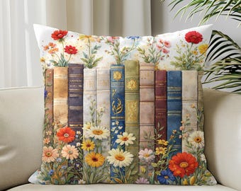 Bookish Floral Throw Pillow Cover for Readers, Vintage Bookshelf Cushion, Cozy Library Decor, Book Lover Gift, Cottagecore PILLOW CASE
