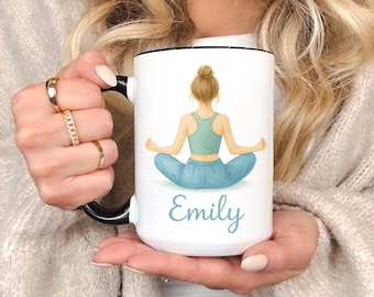 Custom Yoga Mug Gift For Women With Meditating Girl Illustration Personalized Name Mindfulness Coffee Cup For Yoga Lovers And Friends