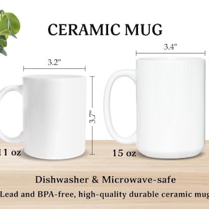 two ceramic mugs, one larger and one smaller, with measurements and a description of their features.