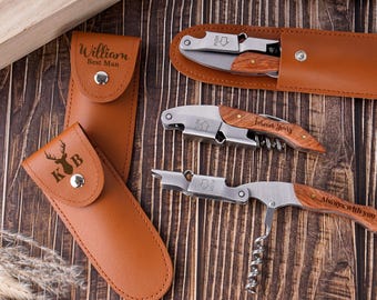 Engraved Wine Opener with Leather Case, Custom Wooden Corkscrew, Groomsmen Gift, Wedding Gift, Party Gift for Wine Lovers & Enthusiasts