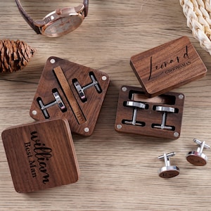 Custom Engraved Cufflinks Tie Clip Set with Wooden Box, Personalized Groomsmen Gift, Best Man Gift, Wedding Accessories, Engraved Cufflinks