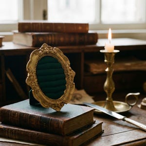 Könnte beinhalten: Ein ovaler Ringhalter mit einem verzierten goldfarbenen Rahmen mit detaillierten Schnörkeln. Das Innere des Rahmens ist mit dunkelgrünem Samtstoff ausgekleidet und verfügt über horizontale Schlitze zur Aufbewahrung mehrerer Ringe.