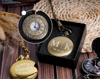 Reloj de bolsillo grabado con nombre personal, regalo vintage para padrinos de boda, recuerdo de boda, reloj de bolsillo con patrón único, regalo para amigos y papá.