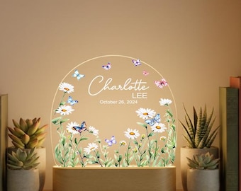 Personalized acrylic night light with name date, daisy butterfly floral nursery lamp, wooden base LED bedside decor