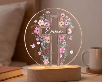 Personalized Baptism Night Light Floral Cross Gift for Kids, Christening Gift for Goddaughter, Christian Nursery Decor