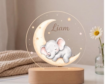 Personalized Elephant Night Light, Moon Nursery Decor, Custom Baby Name Lamp, Baby Shower Gift, Newborn Gift, Kids Bedside Light