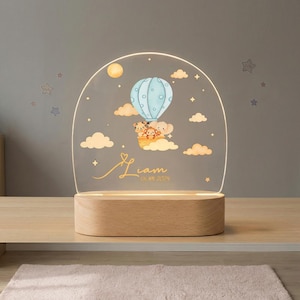 Luz nocturna LED acrílica con globo aerostático y animales, lámpara de guardería con nombre personalizado, regalo para baby shower, decoración de habitación infantil