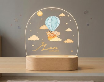 Acrylic LED Night Light with Hot Air Balloon & Animals, Personalized Name Nursery Lamp, Baby Shower Gift, Kids Room Decor