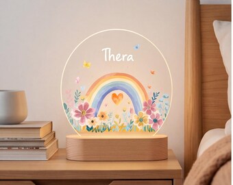 Personalized Rainbow Night Light, Floral Nursery Decor, Custom Baby Girl Gift, Toddler Bedside Lamp, Baby Shower Keepsake
