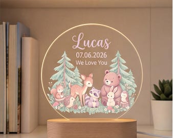 Personalized Baby Name Night Light, Woodland Animal Nursery Decor, Newborn Baby Gift, Baby Shower Gift, Baptism Gift, Bedside Lamp