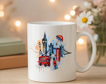Keramische mok stadsschets, Big Ben rode bus Tower Bridge-paraplukunst, Britse reiskoffiekop, Brits souvenircadeau voor liefhebbers van Londen