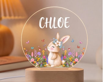 Personalized Bunny Night Light for Girls, Custom Name Kids Lamp, Floral Nursery Decor, Baby Shower Gift, Rabbit Bedroom Night Lamp