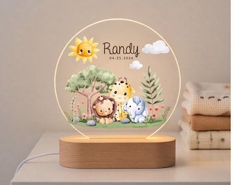 Personalized Baby Night Light, Custom Nursery Decor, Baby Shower Gift, New Mom Gift, Woodland Safari Baby Room Lamp