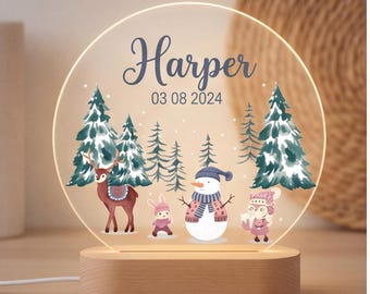 Personalized Woodland Night Light, Winter Nursery Decor, Custom Name Gift for Kids, Christmas Keepsake