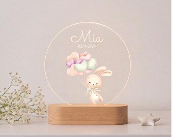 Personalized Bunny Night Light, Custom Name Nursery Lamp, Baby Shower Gift, Rabbit Baby Room Decor, Kids Bedside Light