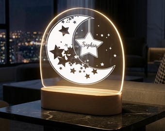 Personalized Moon & Star Acrylic LED Night Light, Custom Name Nursery Lamp, Dimmable Wooden Base, Baby Kids Room Decor, Newborn Gift