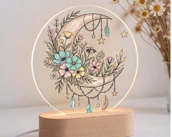 Personalized Night Light Floral Moon Kids Bedroom Decor, Custom Name Nursery Lamp, Baby Shower Gift, Whimsical Celestial Room Accent