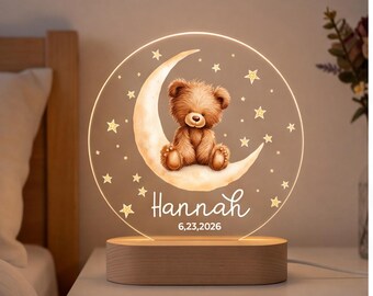 Personalized Teddy Bear Night Light for Nursery, Custom Name Baby Room Decor, Moon and Stars Kids Bedroom Lamp, Baby Shower Gift