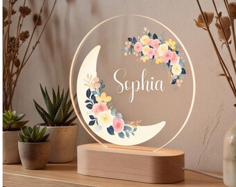 Personalized Moon Name Light, Floral Nursery Decor, Custom Baby Name Gift, Baby Shower Present, Kids Room Night Light