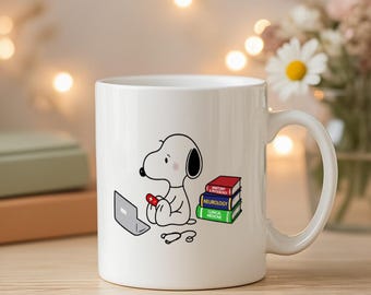 Taza de café de cerámica con gráfico de estudio estilo Snoopy, computadora portátil y libros de texto médicos / regalo para estudiantes / ambiente de neuroanatomía y neurología