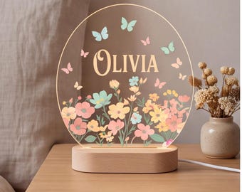 Personalized Night Light Floral Custom Name Lamp for Nursery Decor, Kids Room Gift, Butterfly Wildflower Bedroom Accent
