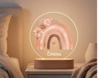 Personalized Rainbow Night Light, Custom Floral Name Lamp for Baby Girl Nursery, Baby Shower Gift, Baptism Gift, Toddler Bedside Decor