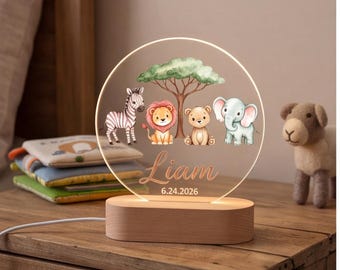 Personalized Night Light Safari Nursery Decor Custom Baby Name Lamp Baby Shower Gift Jungle Animal Nursery Light