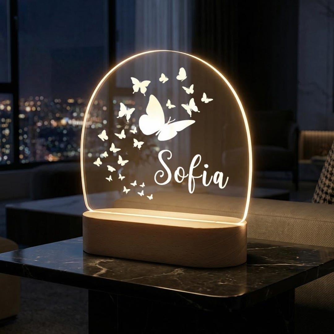 Led Nightlight Name Personalized Butterfly Acrylic Night Light, Name LED Lamp, Wooden Base ...