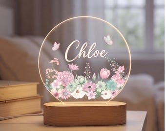 Personalized Night Light Wildflower Name Lamp, Floral Butterfly Bedside Decor, Custom Nursery Gift, Birthday Gift for Girl