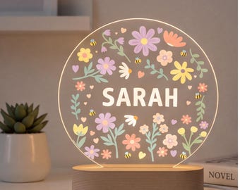 Personalized Floral Night Light, Custom Name Lamp, Nursery Decor Gift, Kids Bedroom Light, Baby Shower Gift, Flower Name Sign