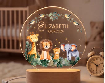 Personalized Safari Nursery Night Light, Custom Baby Name Gift, Jungle Animal Baby Shower Gift, Newborn Nursery Decor