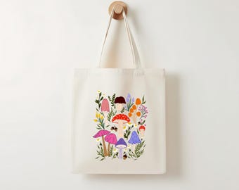 Bolsa de mano con diseño floral de setas, ilustración de flores silvestres del bosque, regalo para amantes de la naturaleza, uso diario.