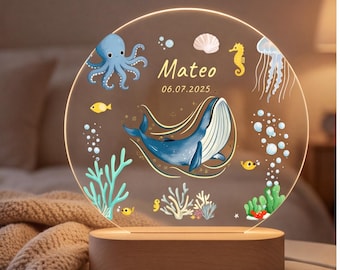 Personalized Ocean Night Light, Custom Baby Name Lamp, Whale Nursery Decor, Under the Sea Baby Shower Gift, Sea Life Kids Room Keepsake