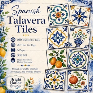 Può includere: Una collezione digitale di piastrelle in stile Talavera spagnolo con 100 illustrazioni ad acquerello su 5 pagine. L'immagine mostra testo tra cui Spanish Talavera Tiles, 100 Watercolor Tiles, 20 Tiles Per Page, 5 Pages, 300 DPI e High-Resolution Digital Download.