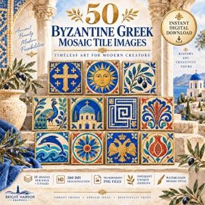 Puede incluir: Una colección digital de 50 imágenes de azulejos de mosaico griego bizantino con varios diseños que incluyen una cruz, sol, rama de olivo, pavo real, iglesia, greca, motivos florales, delfín y águila bicéfala en tonos azules, dorados y rojos.